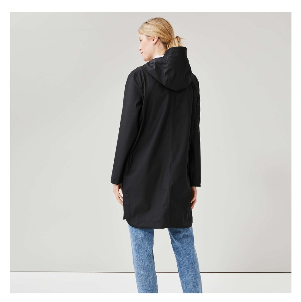 Women's Black Hooded Trench Raincoat Rains Jacket Pockets Large